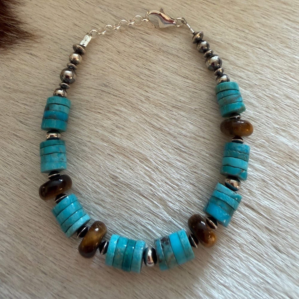 ❤️ 925 Desert Pearl Saucers Kingman Blue Turquoise Tigers Eye Bracelet 6.75+75”L